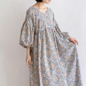 Boho Blue Tile Medallion Print V-Neck Puff Sleeve Maxi Dress Oversized‎ L/XL